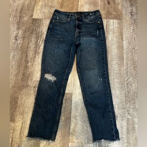 High Rise Distressed Jeans - Dark Blue